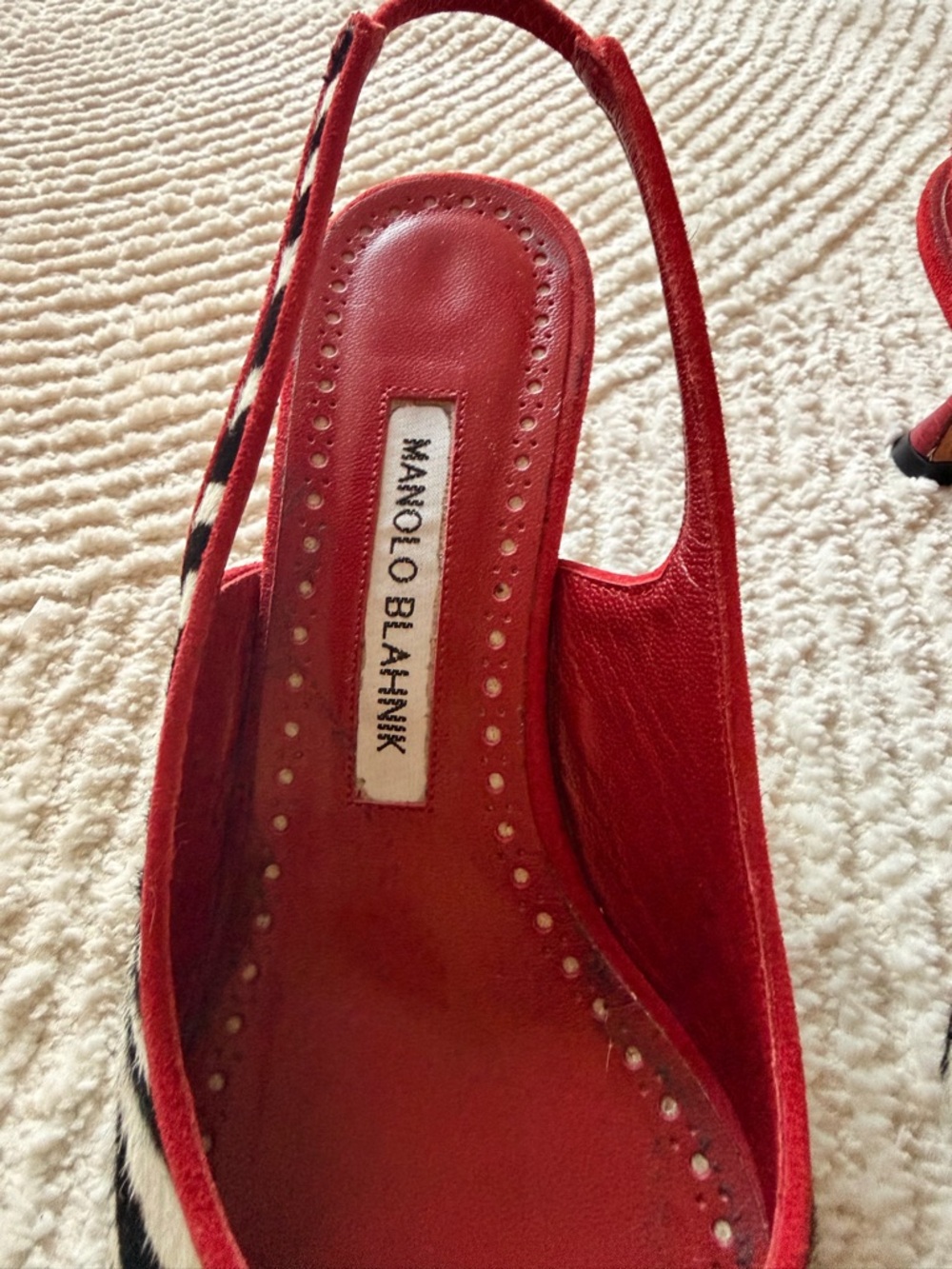 Vintage Manolo Blahnik Black-and-White Ponyhair Slingback Pumps with Red Trim - Picture 9 of 9